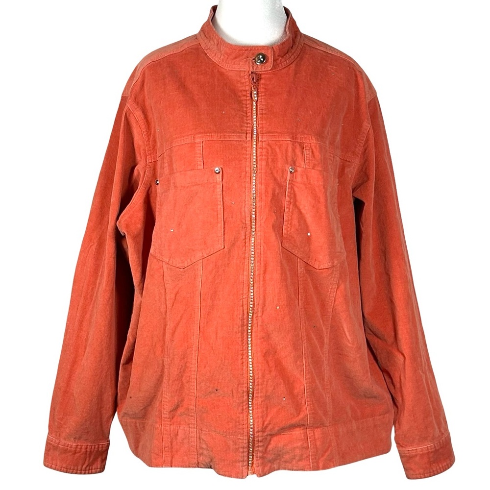QUACKER Factory Orange Rhinestone Fine Wale Corduroy Trucker Jacket Size 1X